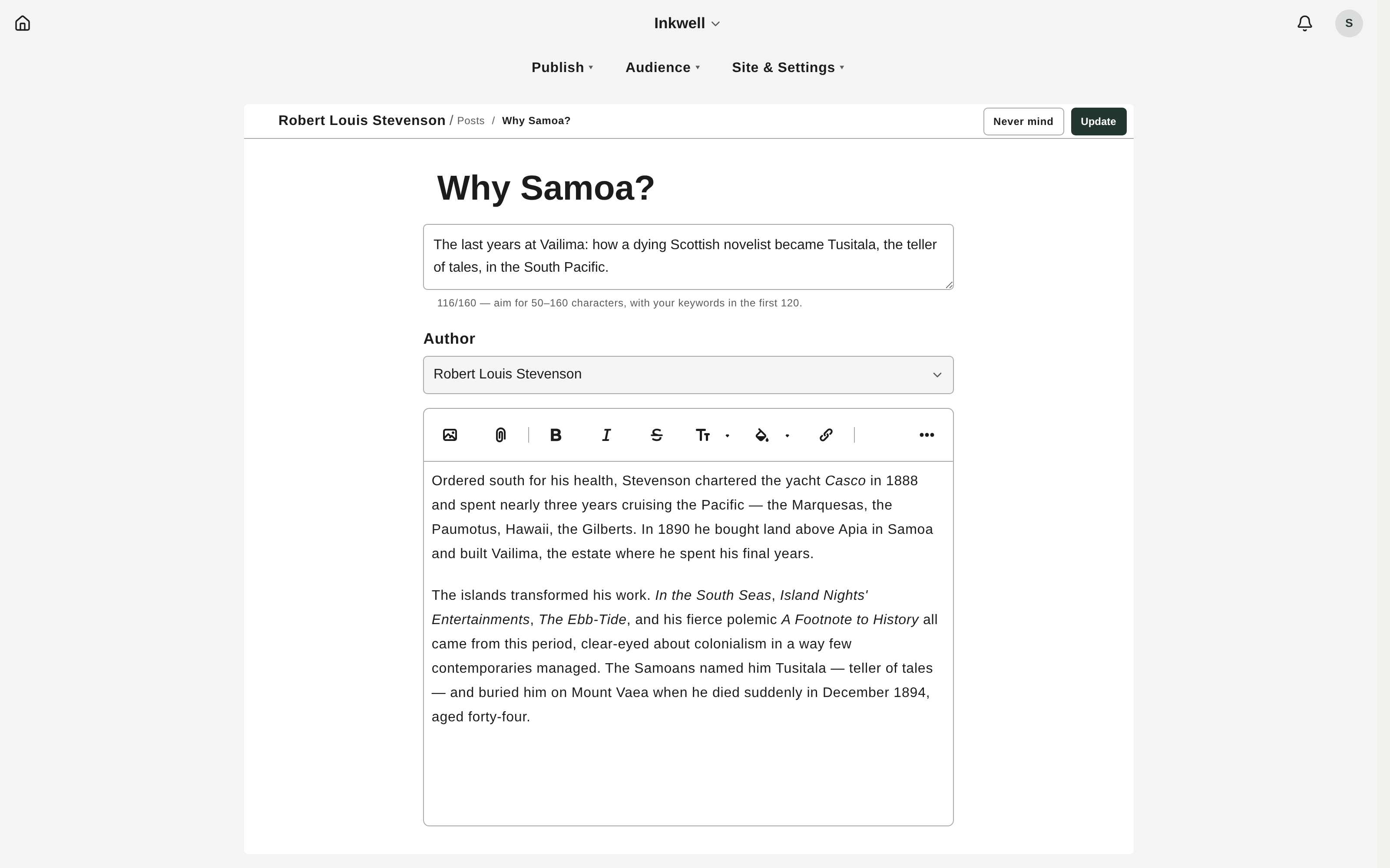 The post composer: title, optional excerpt and author, and the rich-text body.