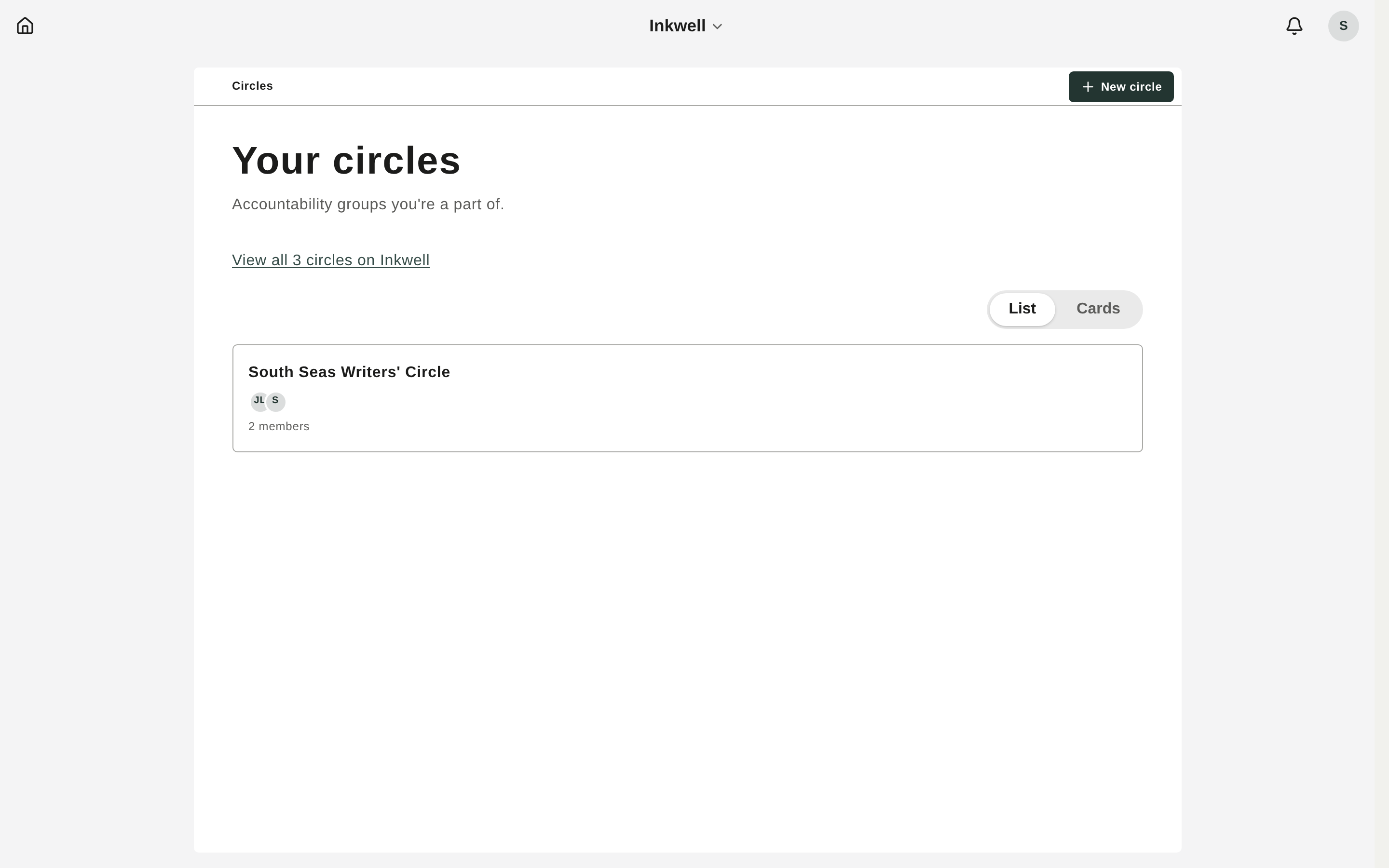 Your circles, with any pending invitations shown as golden cards on top.