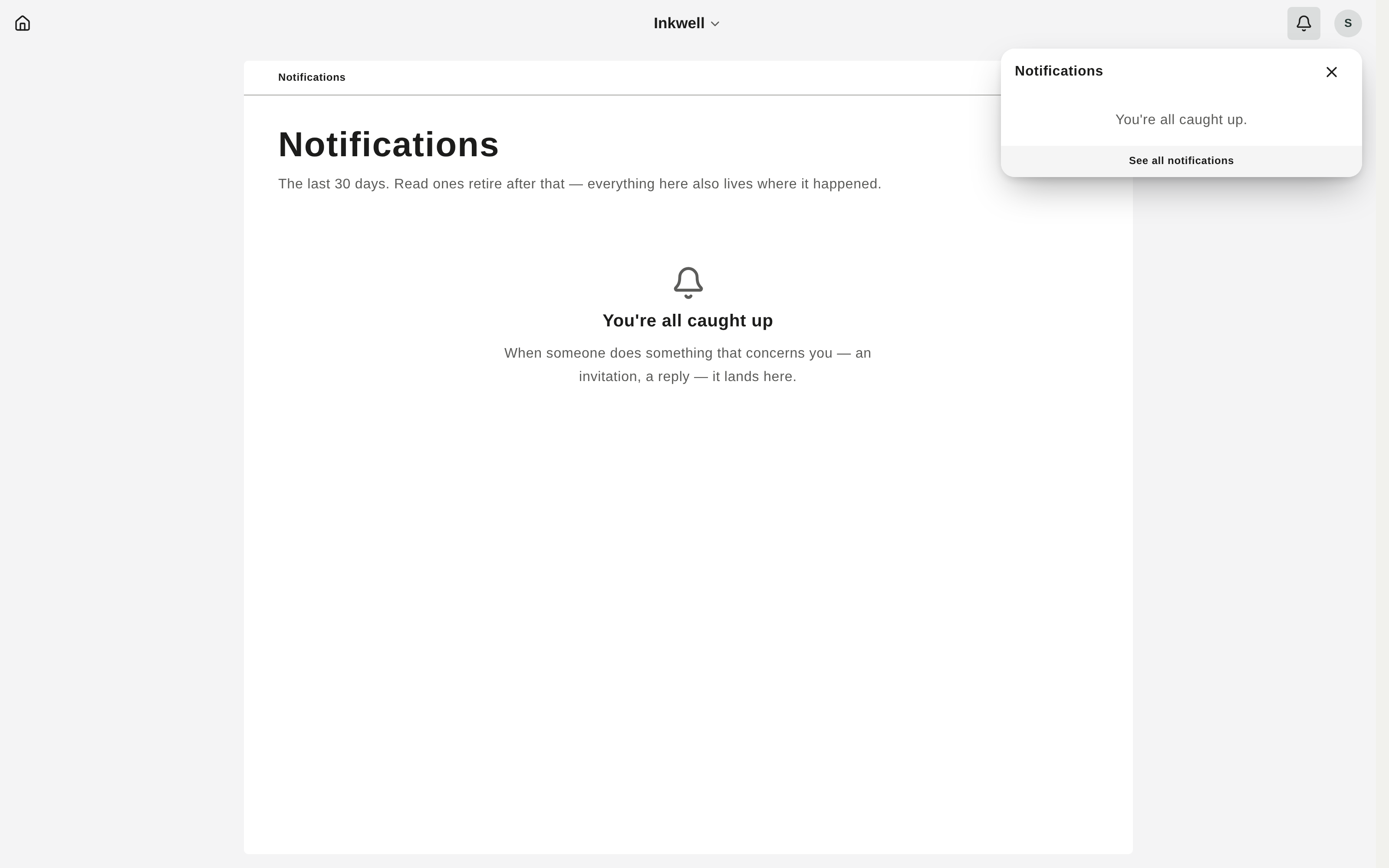 The notification bell and its flyout of recent activity.