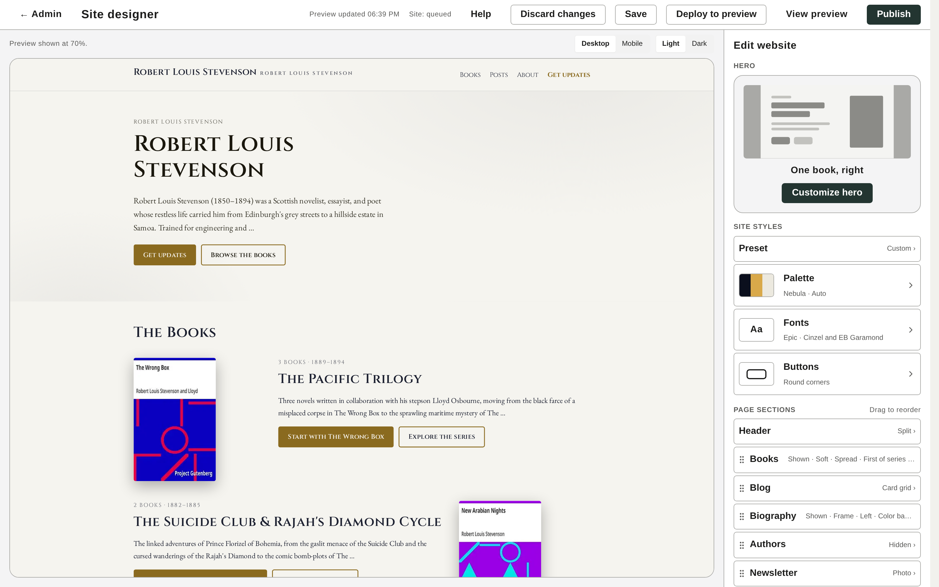 The Site Designer: live preview on the left, design options on the right.