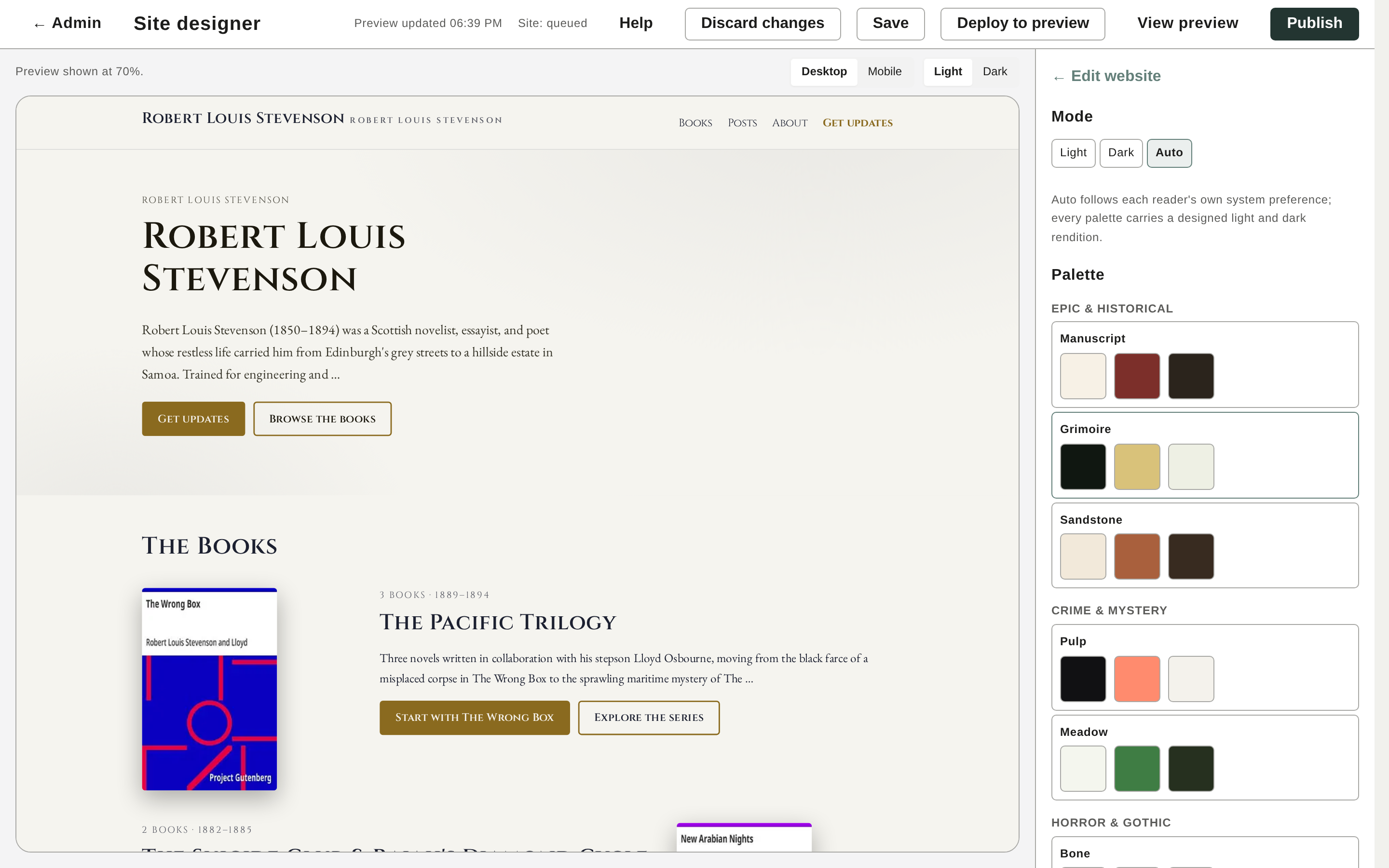 Palette swatches, the Light / Dark / Auto mode control, and the custom color picker.
